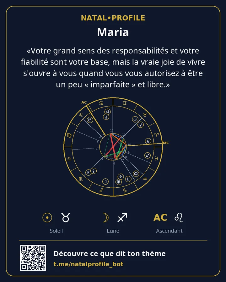 Carte NatalProfile avec la roue du thème et une phrase du rapport