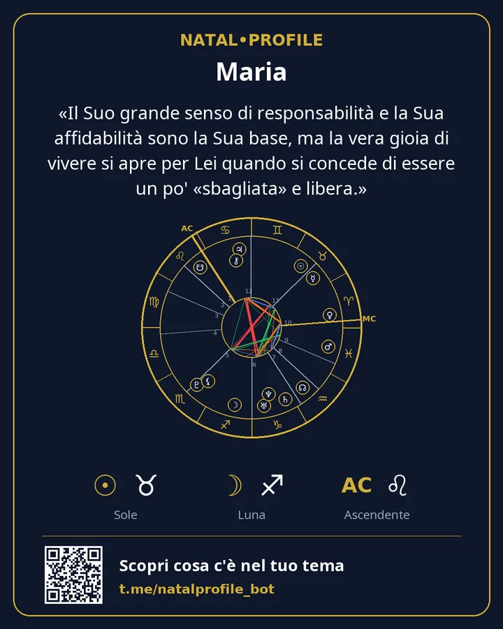 Card NatalProfile con la ruota del tema e una frase del report